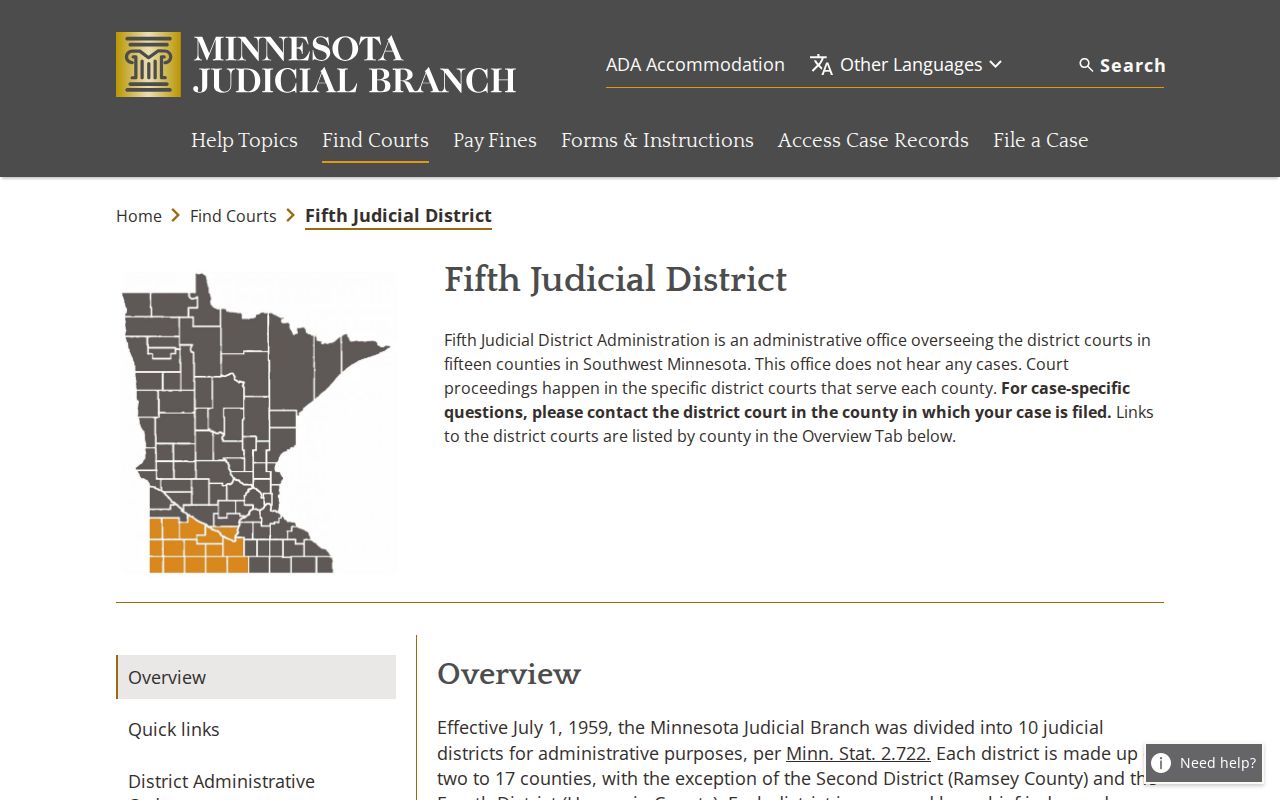 Fifth Judicial District map showing the court that holds Murray County municipal warrant records