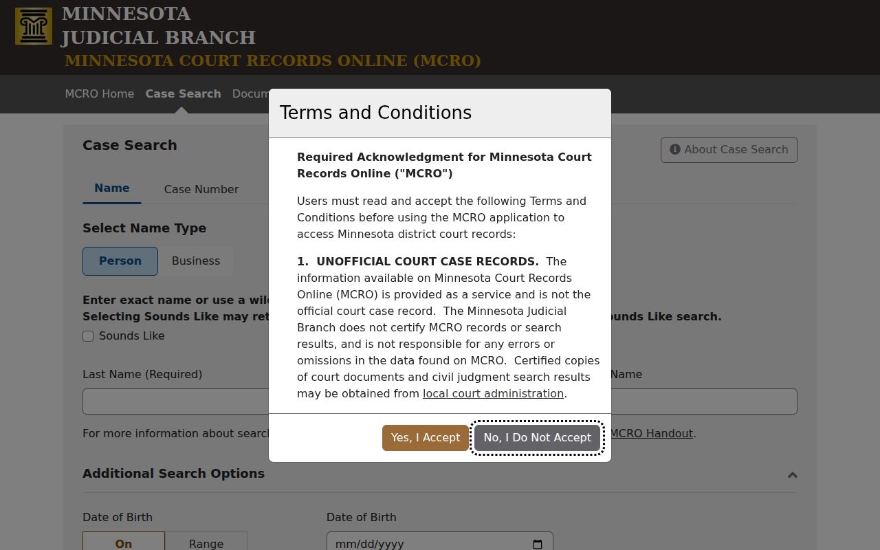 Name, case number, and citation number controls in the Murray County warrant records search