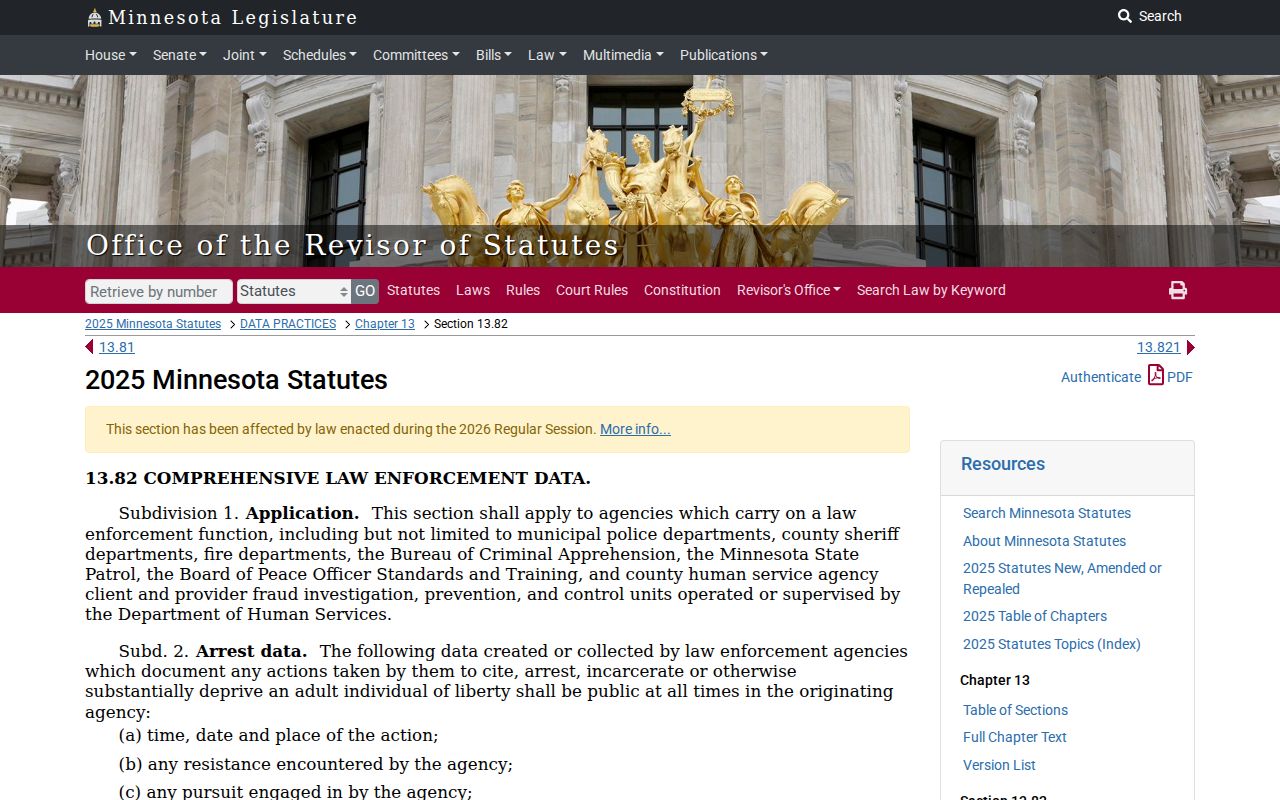 Minnesota law-enforcement data statute covering Murray County warrant index confidentiality