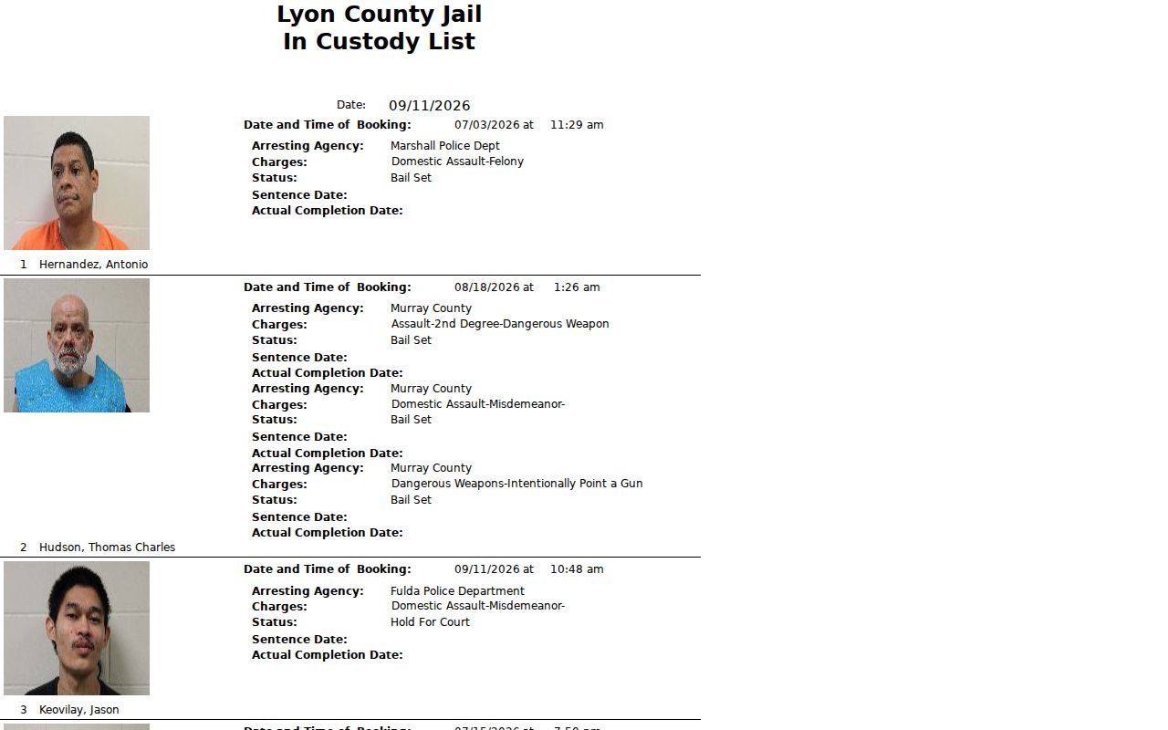 Custody list header showing fields that are not a Murray County active warrant list