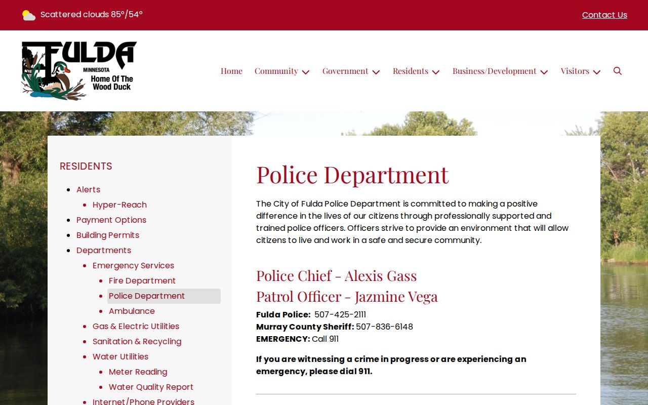 Fulda police page used for Murray County municipal warrant records routing
