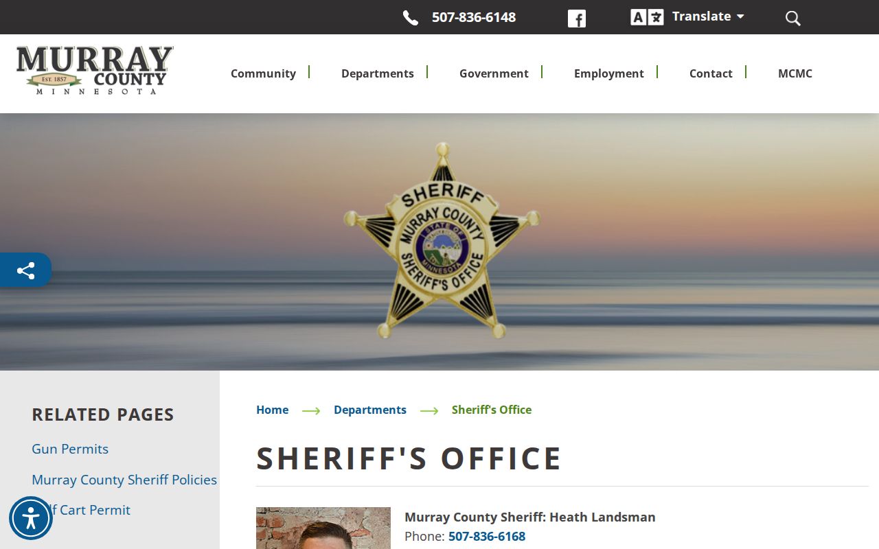 Murray County Sheriff contact page listing warrant records hours and data request links